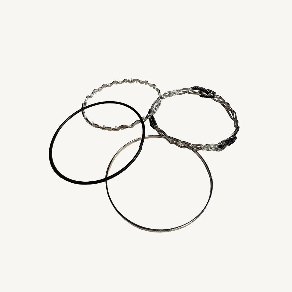 Set Of Silver & Black Beaded and Plain Bengal Bracelets